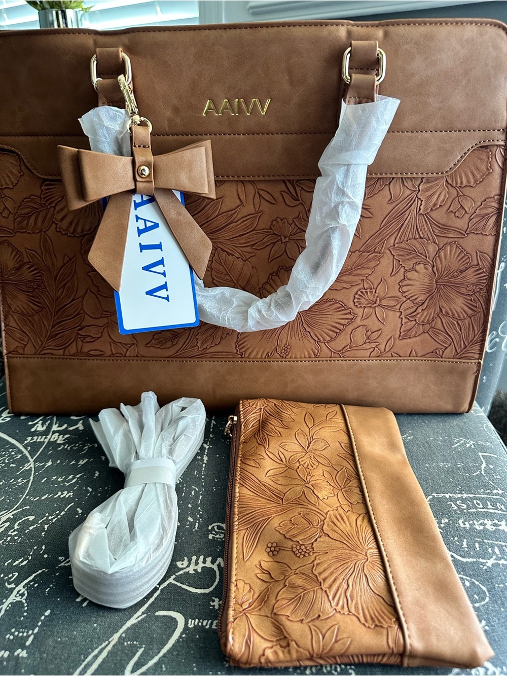 Floral Embossed Tan Laptop Bag with Matching Wristlet